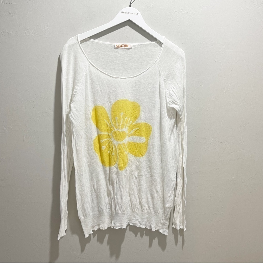 SEATON REVOLVE Women’s Intarsia Knit Yellow Ivory Flower Sweater Linen Blend L
